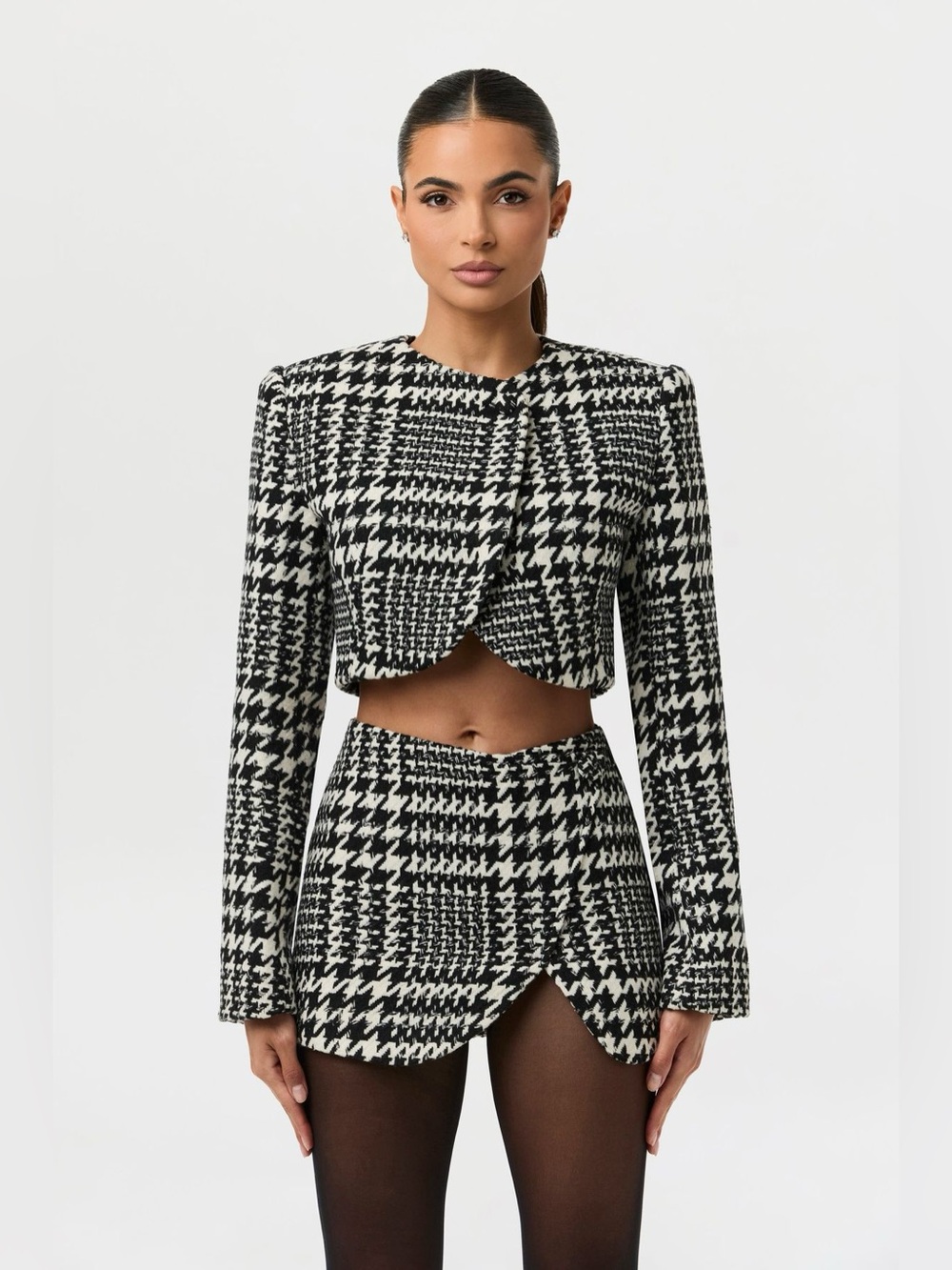 Naked Wardrobe Houndstooth Check Tweed Cropped Jacket